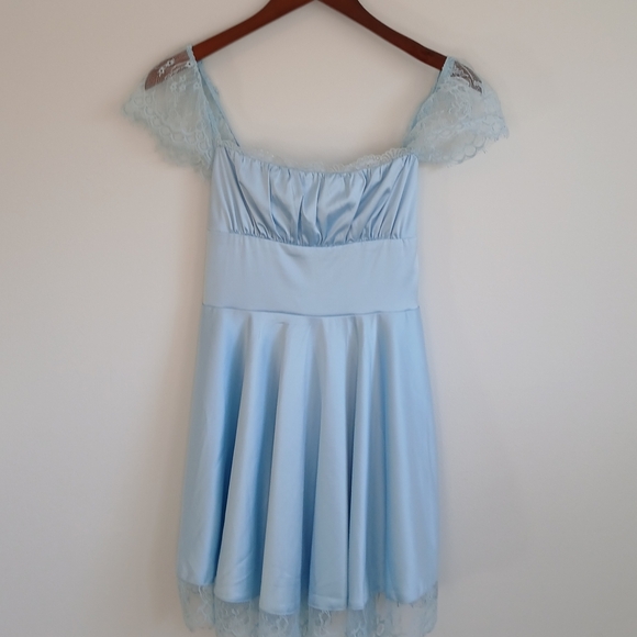 😇NWT -Marthea- Lace - Square Neck - Baby Blue Mini Dress-Size small🩵 - Picture 5 of 12